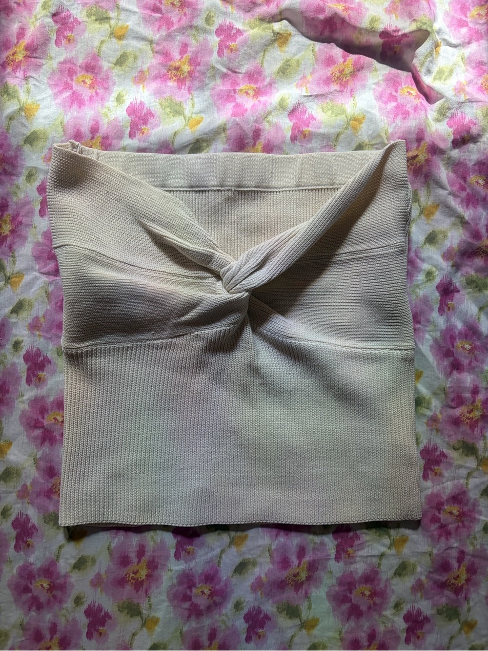 Cream Knot-Front Ribbed Knit Shirt